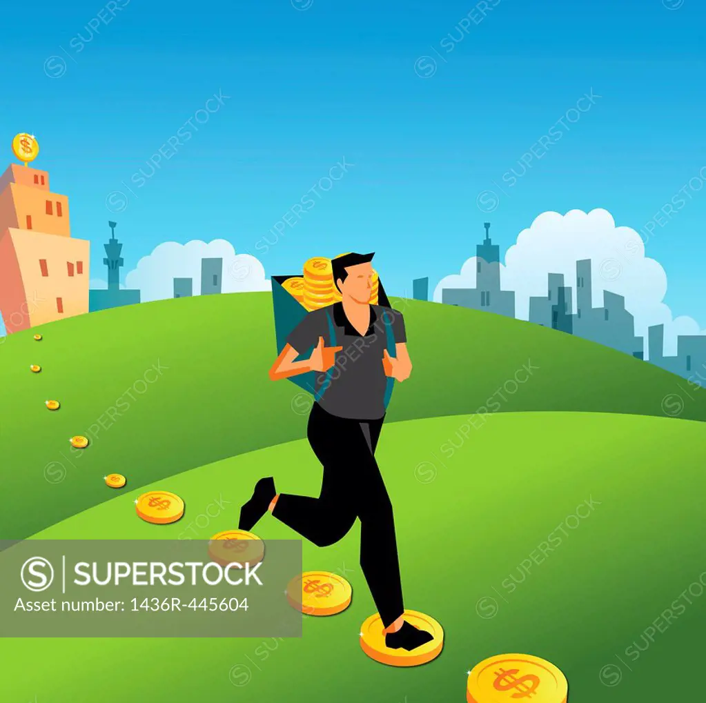 Businessman running with coins