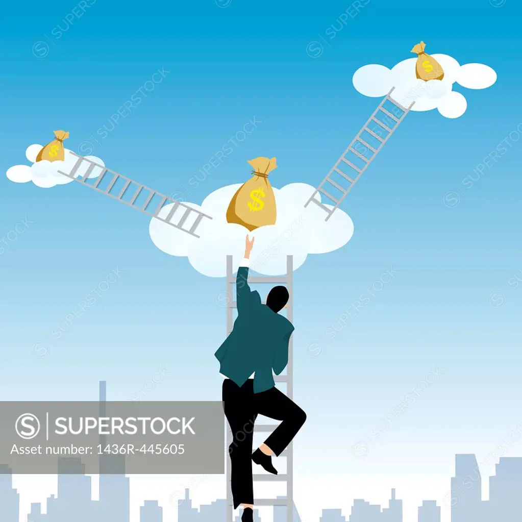 Businessman climbing on step ladder to get money bags from clouds