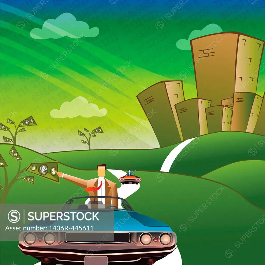 Businessman traveling in a car and pointing sideways