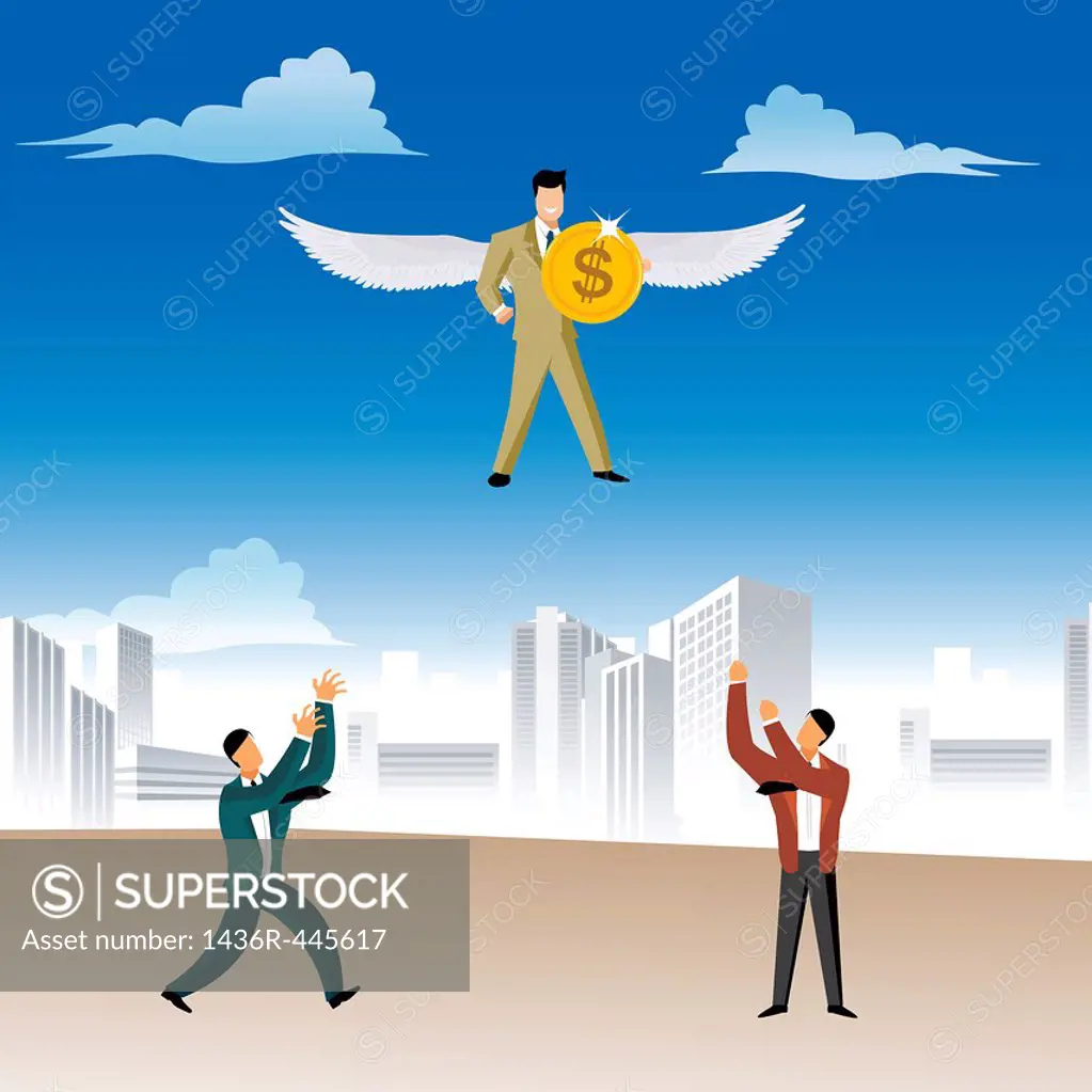 Businessman flying with a coin with two businessmen catching him