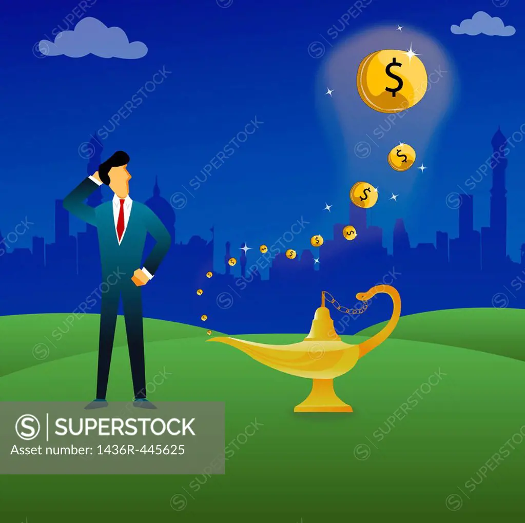 Businessman standing next to a magical lamp