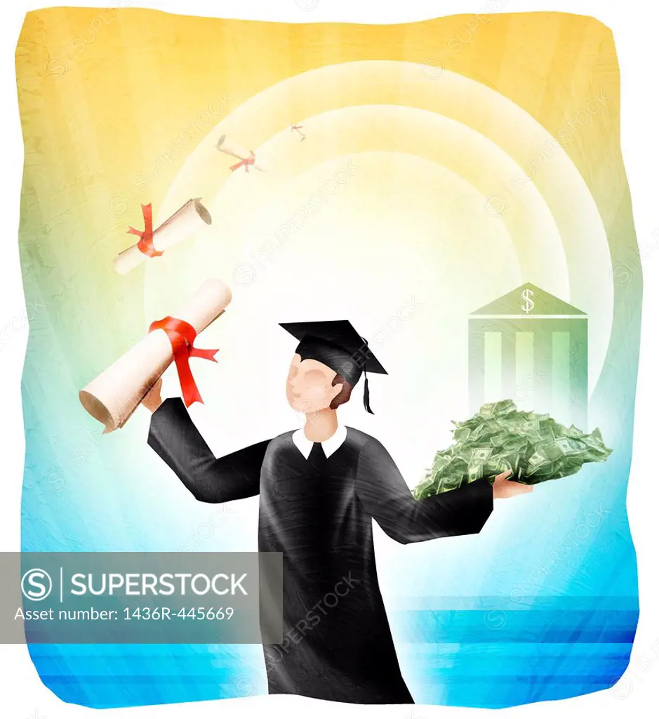 University student holding diploma and money