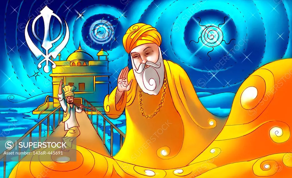 Guru Nanak Dev the first guru of Sikhism with golden temple in the background