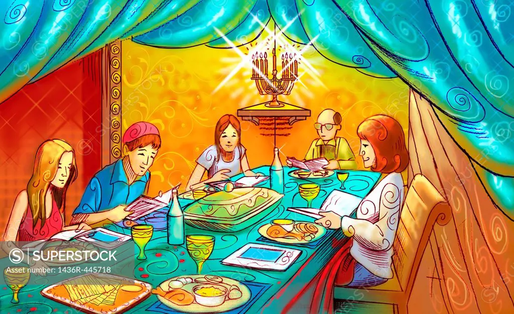 Family at a dining table celebrating Passover festival
