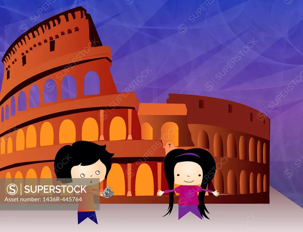Boy and a girl standing in front of an amphitheater, Coliseum, Rome, Italy