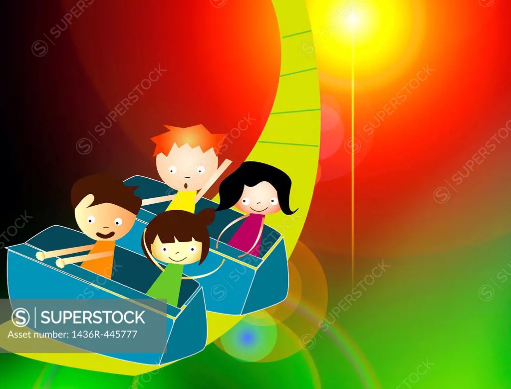 Children riding on a rollercoaster in an amusement park
