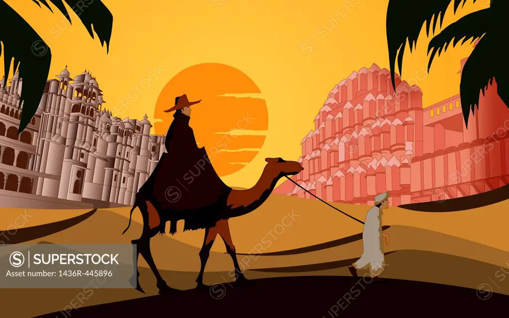 Tourist riding a camel in front a palace, Hawa Mahal, Jaipur, Rajasthan, India