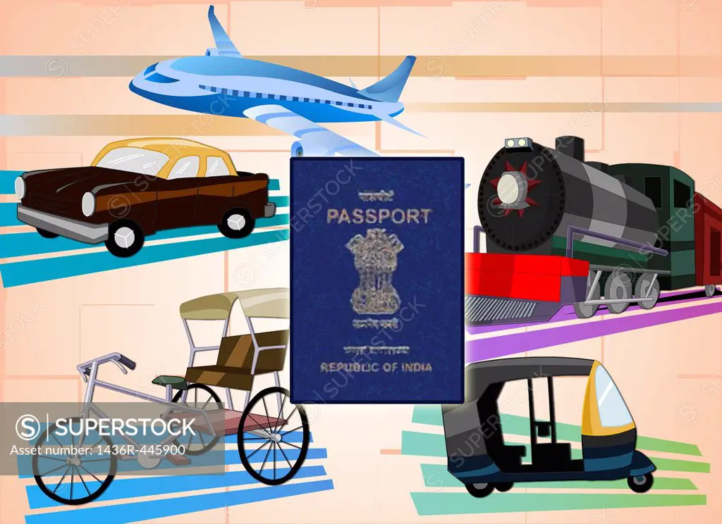 Montage of transportation with a passport, India