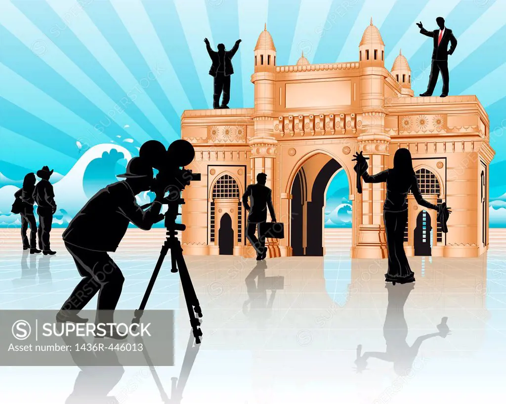Movie shooting at a monument, Gateway of India, Mumbai, Maharashtra, India