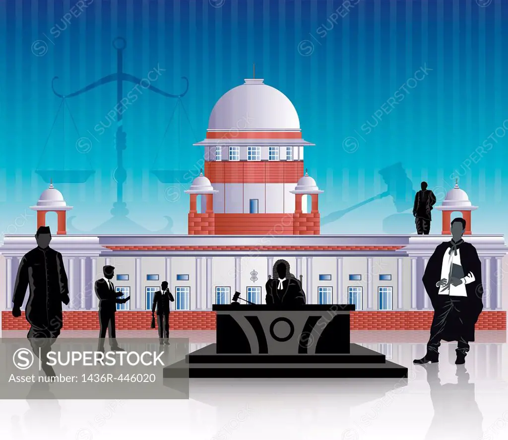 People in front of a courthouse, Supreme Court, New Delhi, India