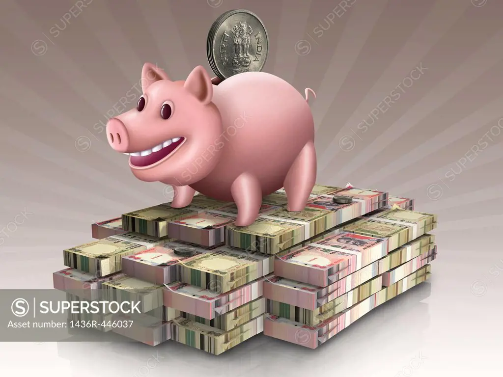 Piggy bank over stack of paper currency