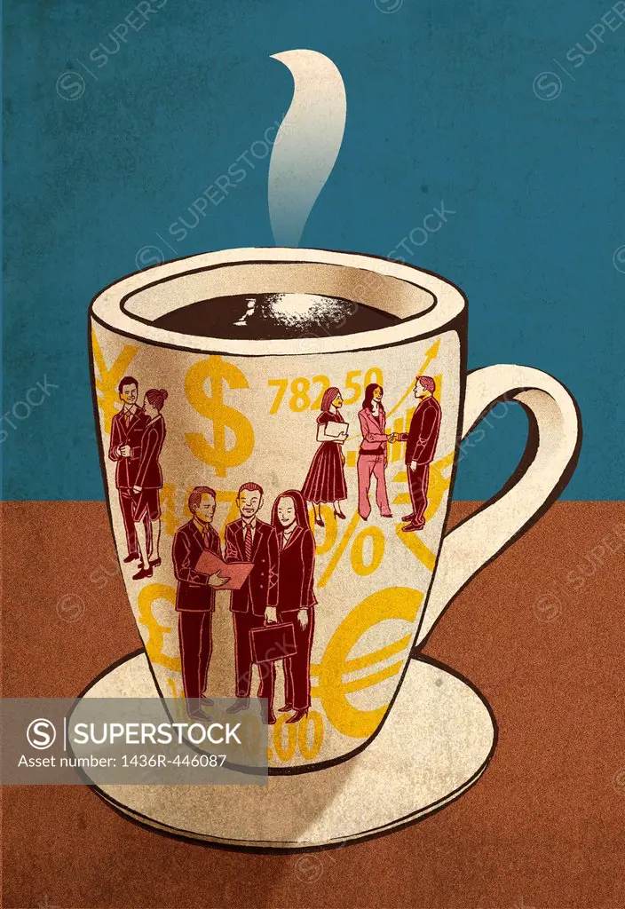 Conceptual shot of hot coffee cup with currency symbols and people on it