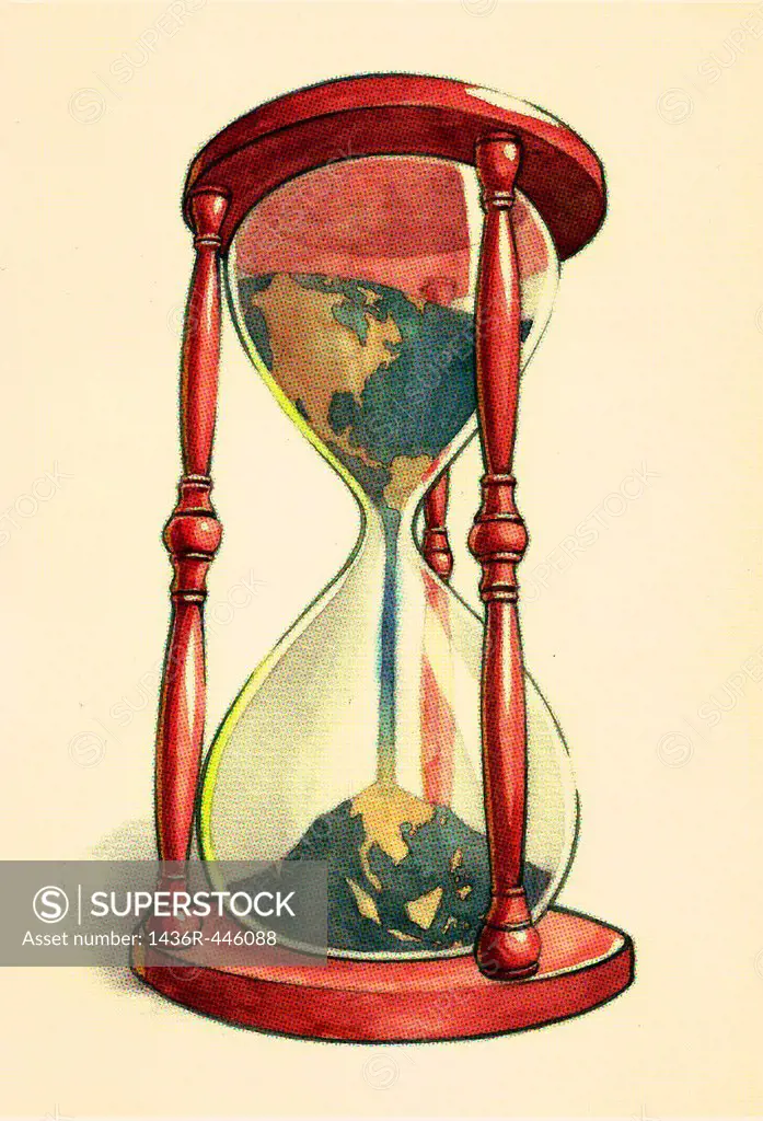 Conceptual illustration of globe in hourglass over colored background depicting environmental damage