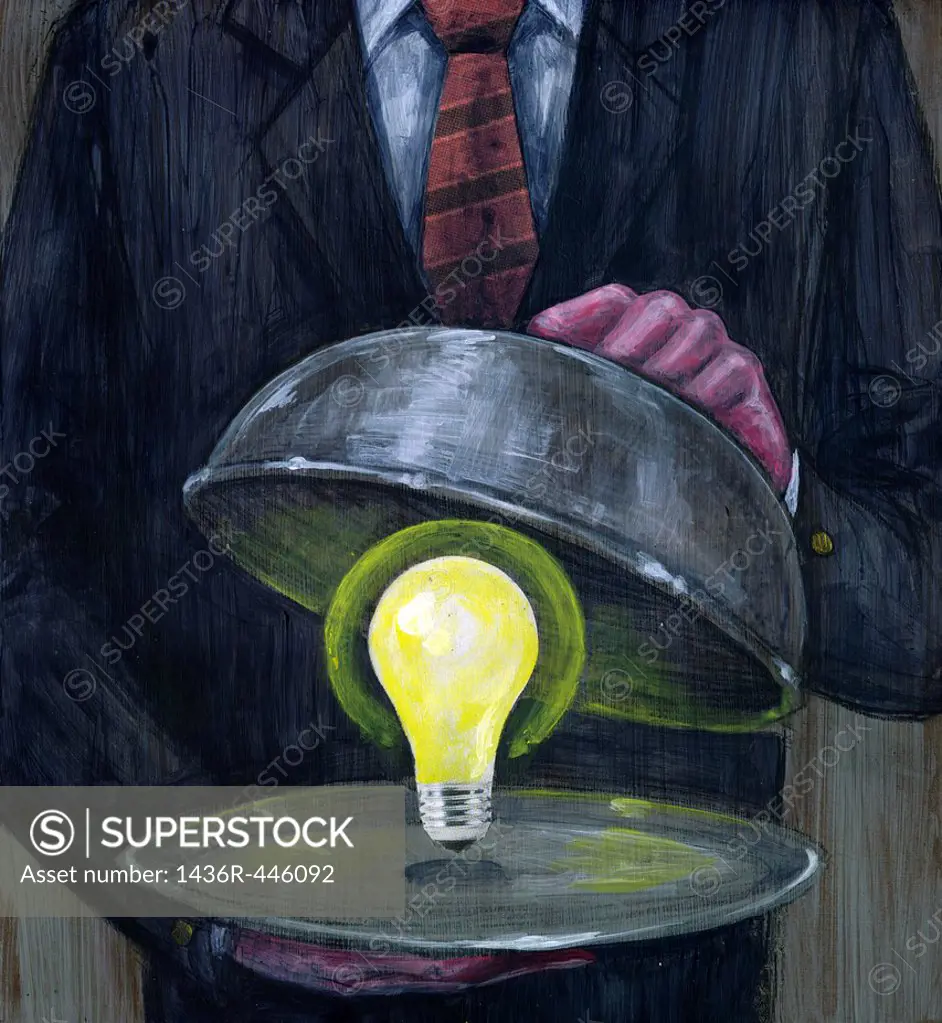 Illustrative image of man serving glowing light bulb in platter representing new ideas