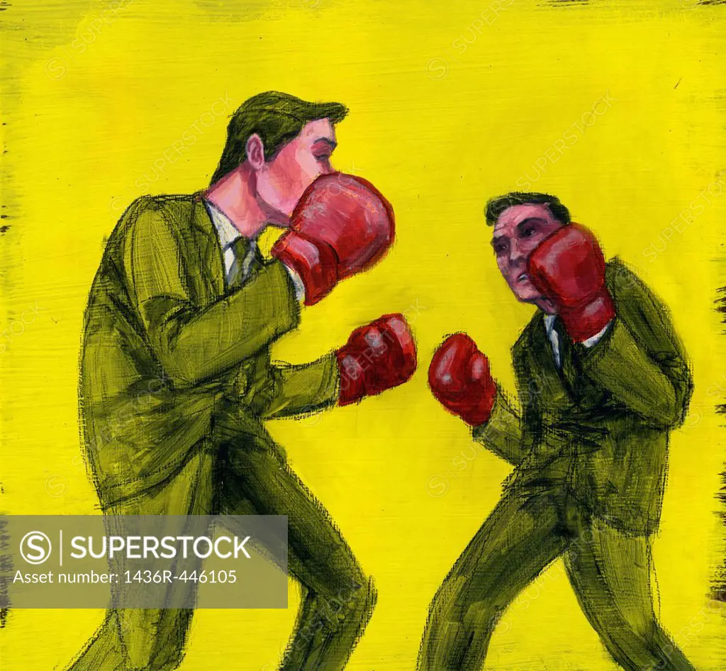 Conceptual image of two businessmen boxing over yellow background