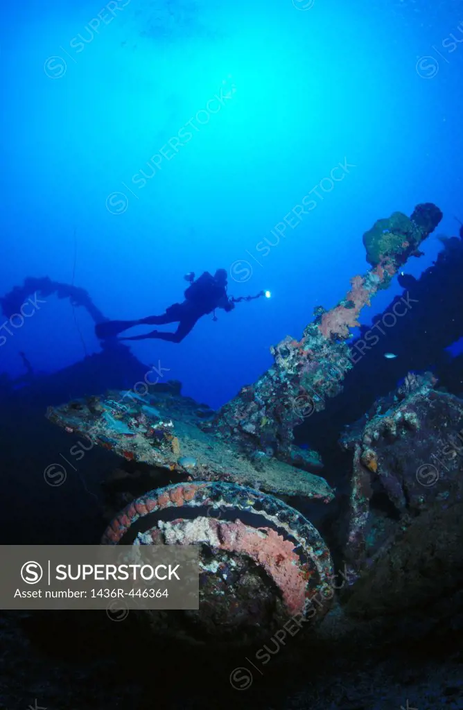 Diver and artillery of Nippo Maru in Truk Lagoon