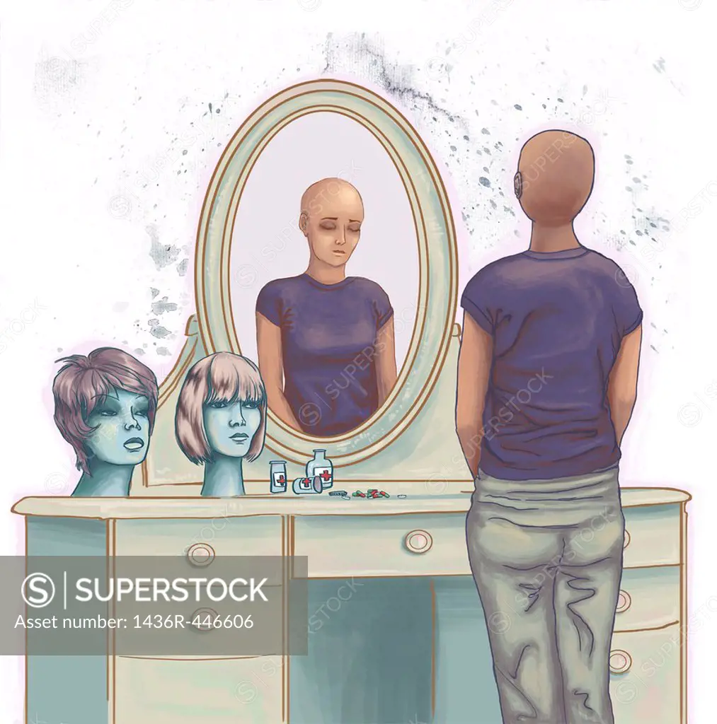 Illustrative image of dejected cancer woman standing in front of dressing table