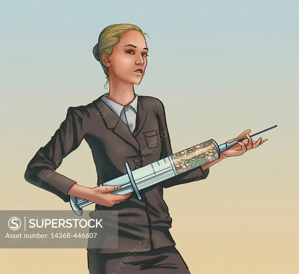 Illustration of businesswoman with syringe filled with coins depicting financial funding