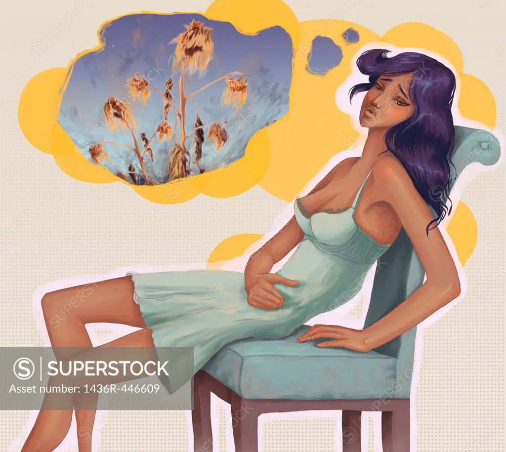 Conceptual shot of dejected woman sitting on chair with thought bubble depicting infertility