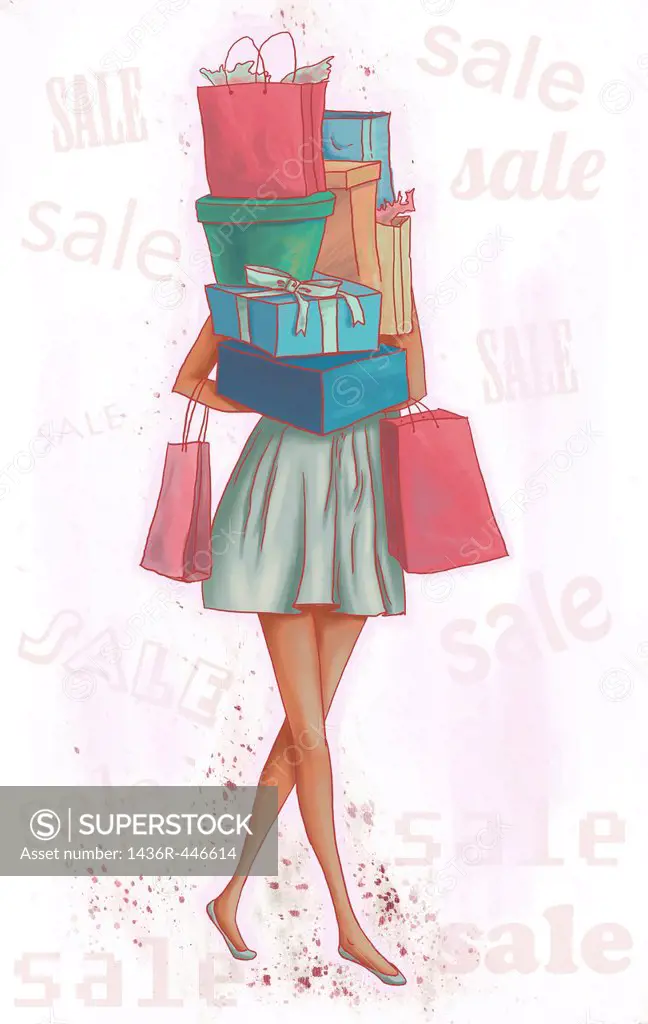 Conceptual illustration of woman carrying loads of gift box