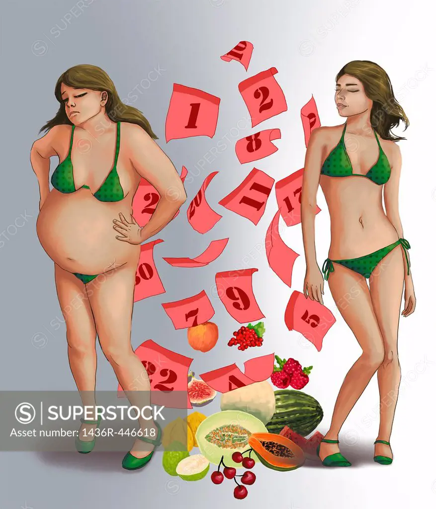Conceptual illustration of before and after effect of weight with the help of fruit depicting healthy dieting