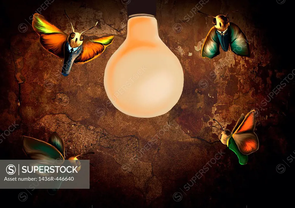 Conceptual illustration of insects surrounding light bulb depicting attraction