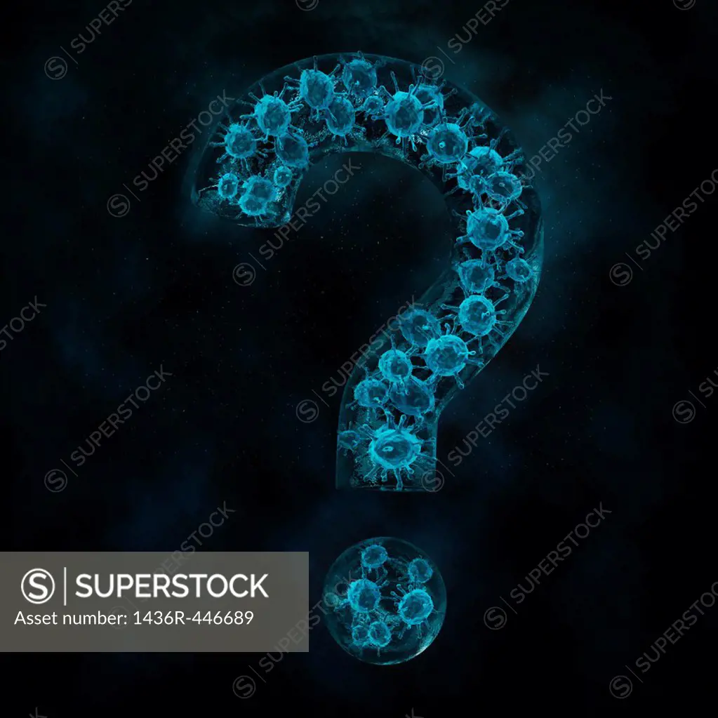 Biomedical illustration of virus in question mark over black background