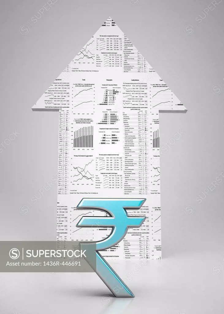 Conceptual shot of rupee symbol with arrow sign over colored background depicting investment in stock market
