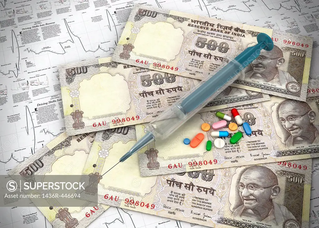 Paper currency with medicines and syringe on chart representing investment in stock market