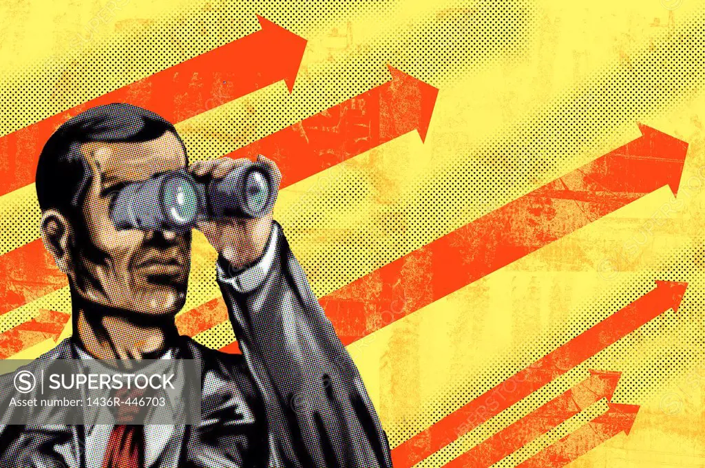 Conceptual illustration of man with binoculars and arrow sign in background depicting goal oriented businessman