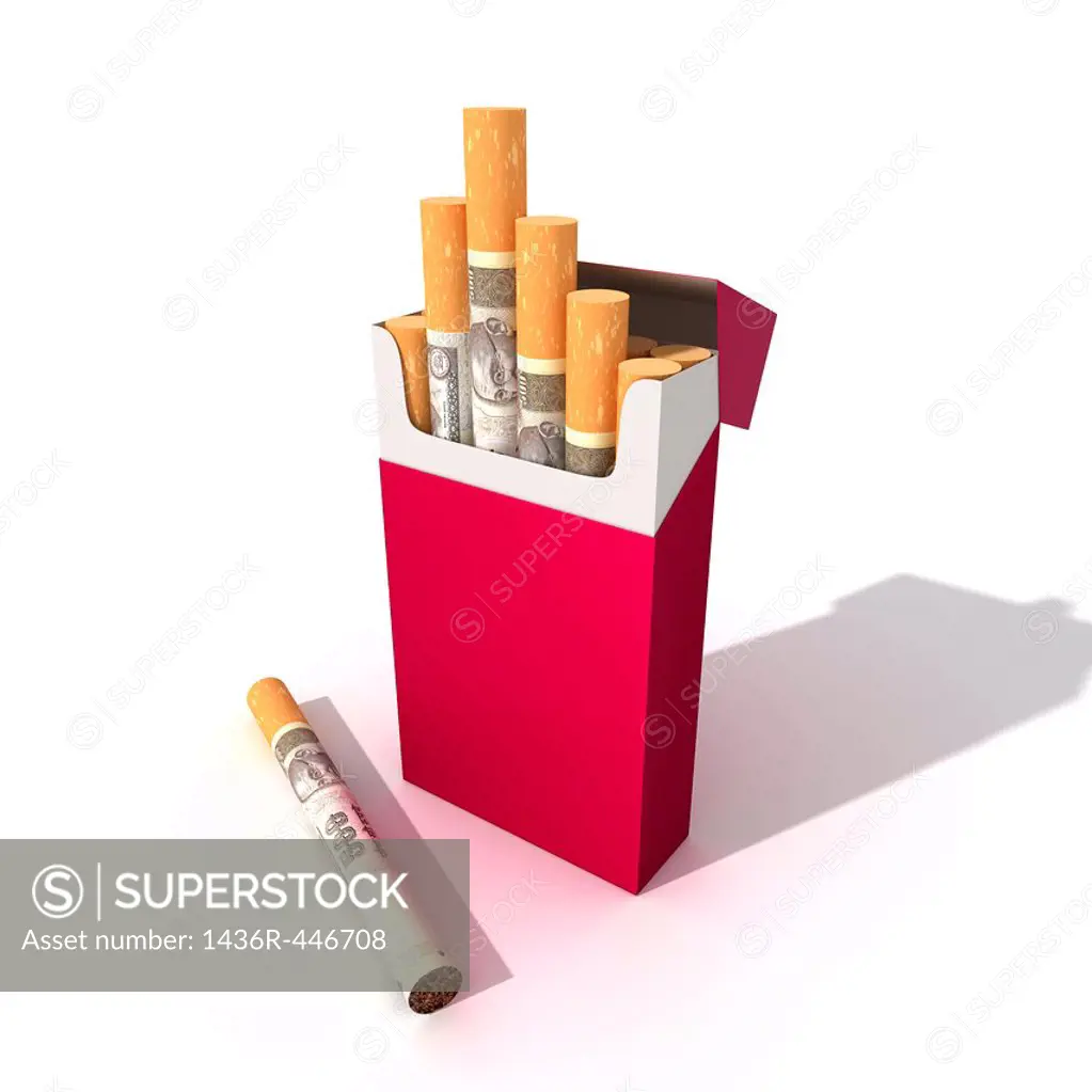 Packet of rupee cigarette pack over white background