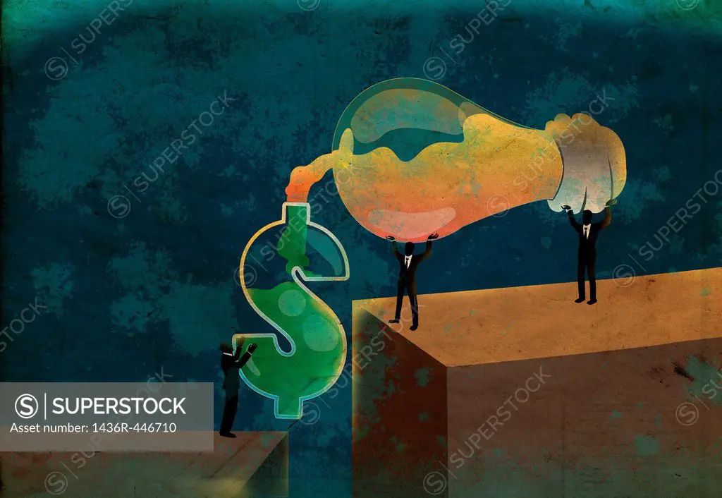 Conceptual shot of business people pouring ideas from light bulb into dollar sign depicting money making