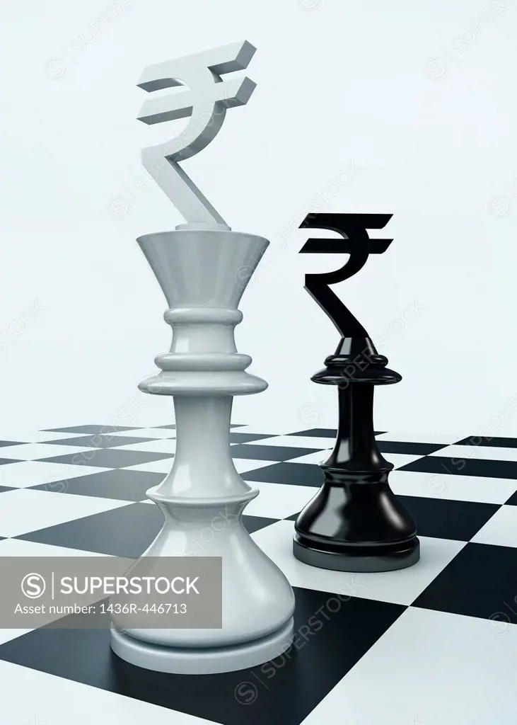 Conceptual shot of currency symbol on chess pieces