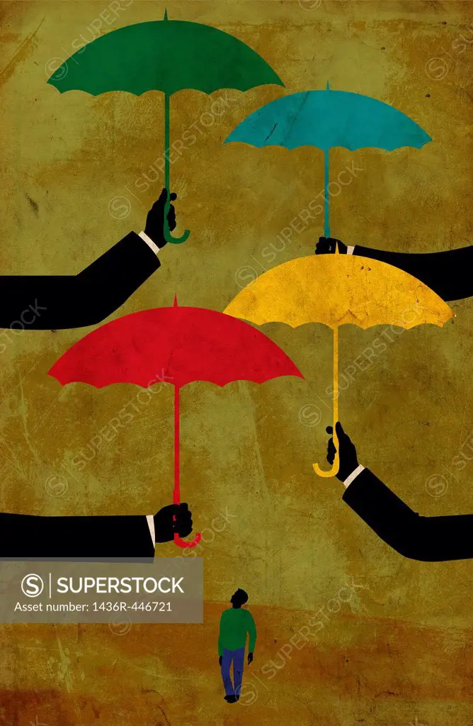 Conceptual illustration of confused man walking with hands sheltering with umbrella representing insurance options