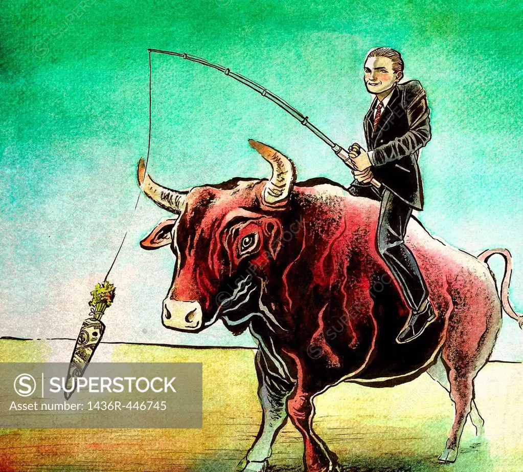 Businessman riding bull with money carrot attached to fishing rod depicting manipulation of stock market