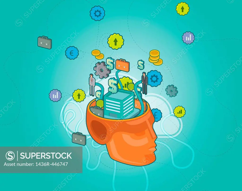 Open human head with dollar sign, briefcase with gears depicting business minded person