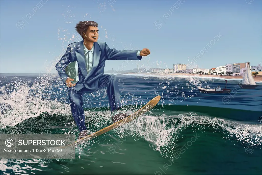 Male executive on surfboard with laptop riding the waves on business trip