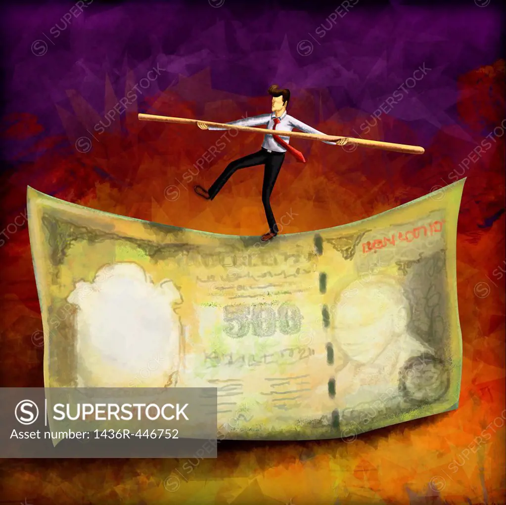 Businessman with bamboo balancing on Indian paper currency over colored background