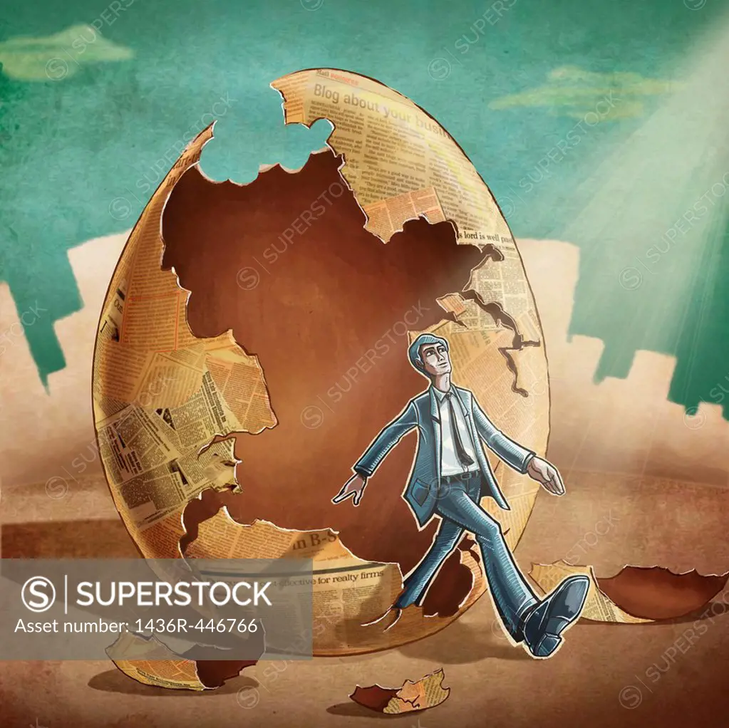 Businessman stepping out from the media egg depicting business beginnings