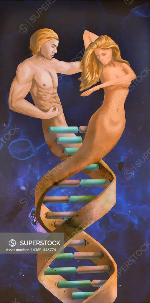 Male and female figures representing DNA molecular structure