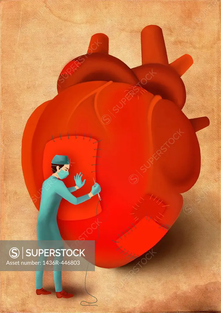 Male surgeon stitching heart with needle and thread depicting surgical treatment