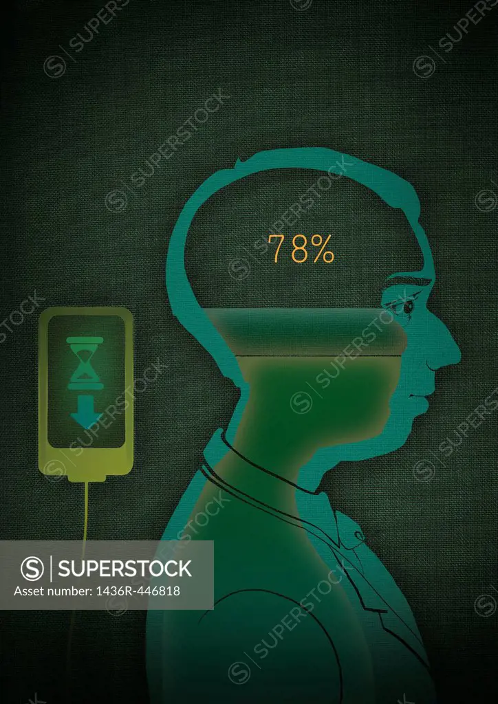 Side view of a man with data being uploaded in brain through mobile application