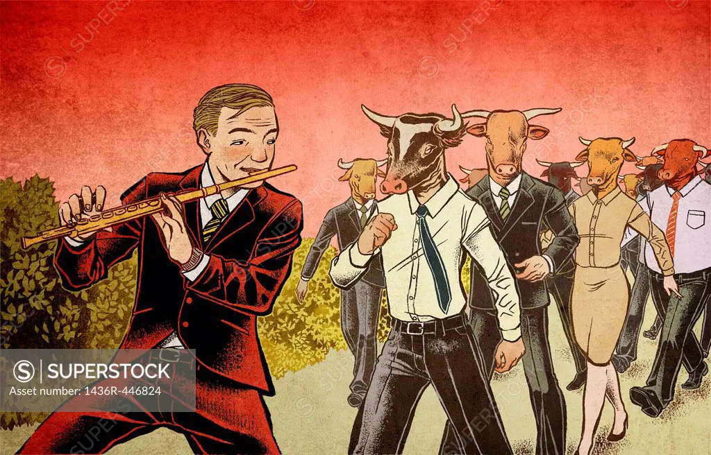 Businessman as pied piper playing flute while stock traders following the tune