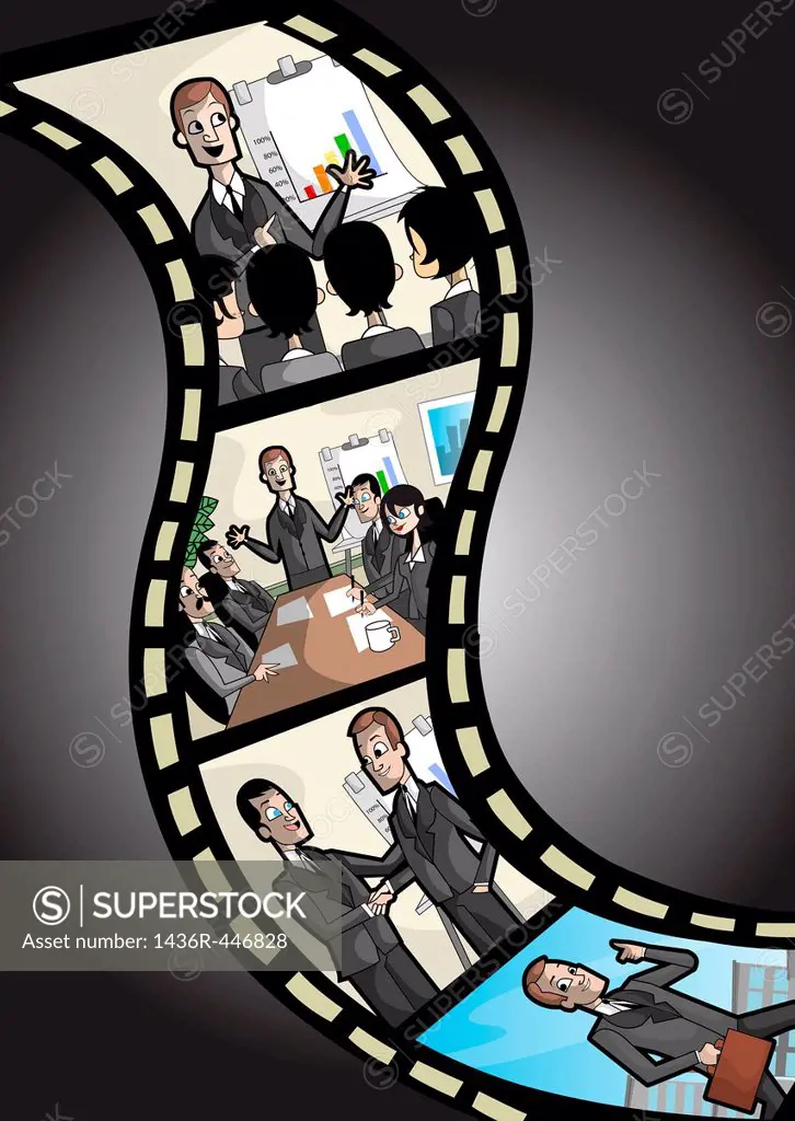Film reel with professionals print depicting the concept of business life cycle