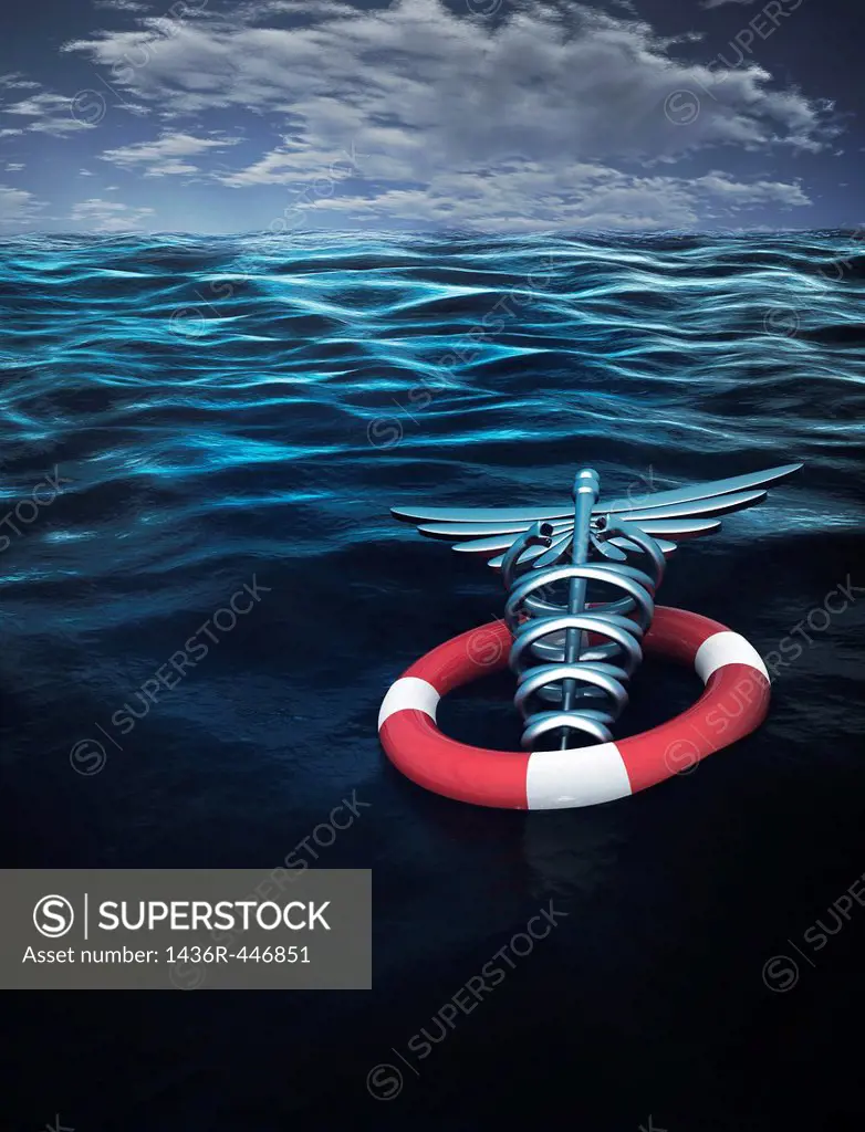 Caduceus Symbol with inflated tube floating on water representing medical insurance