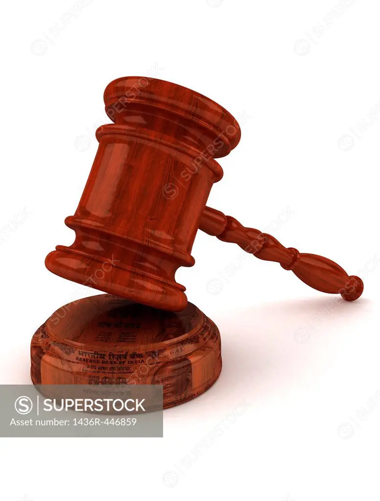 Gavel with Indian banknote reflected on block representing court settlement