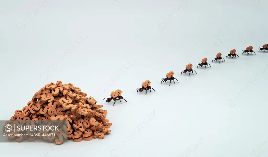 Row of ants collecting Dollar sign isolated over colored background depicting teamwork
