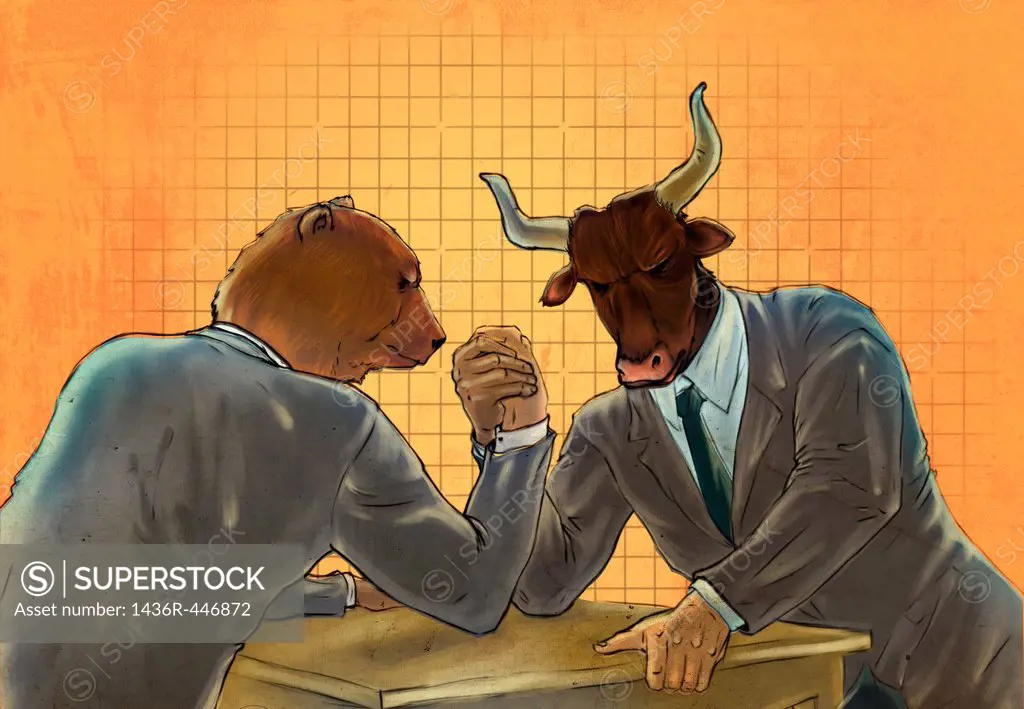 Anthropomorphic bear and bull arm wrestling representing the concept of Bear vs  Bull market