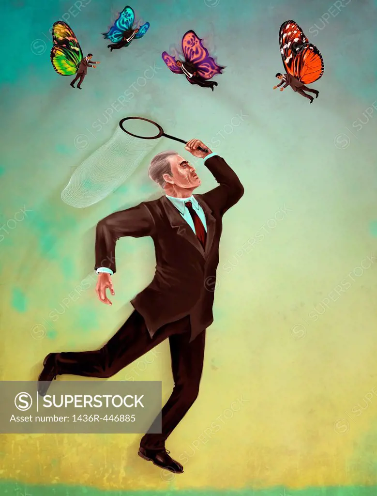 Business employer with butterfly net catching executives representing the concept of recruitment selection