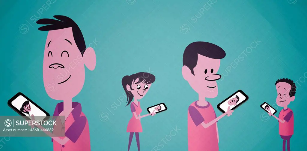 People interacting on cellphone over colored background representing the concept of video conferencing